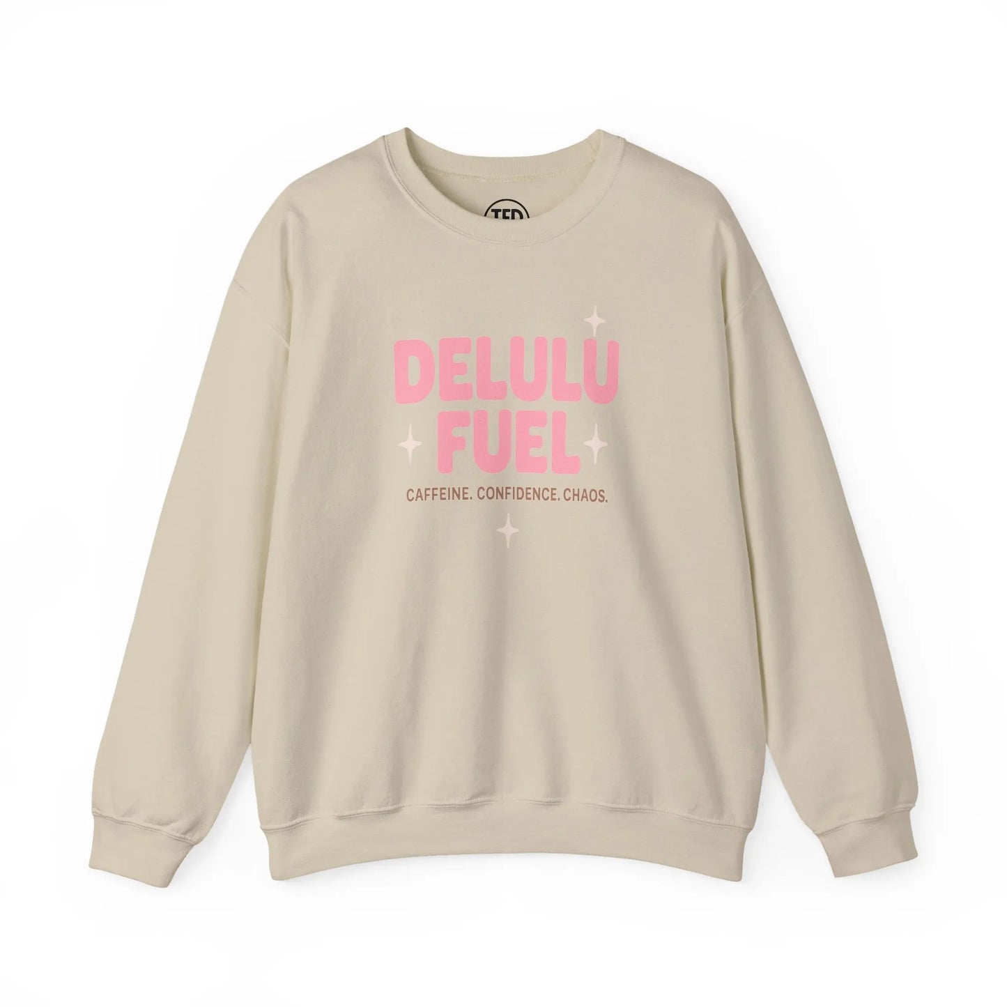 Delulu Fuel™ Crewneck Sweatshirt | Cozy Gift for Caffeine Lovers, Main Character Energy, Mental Health Merch Printify