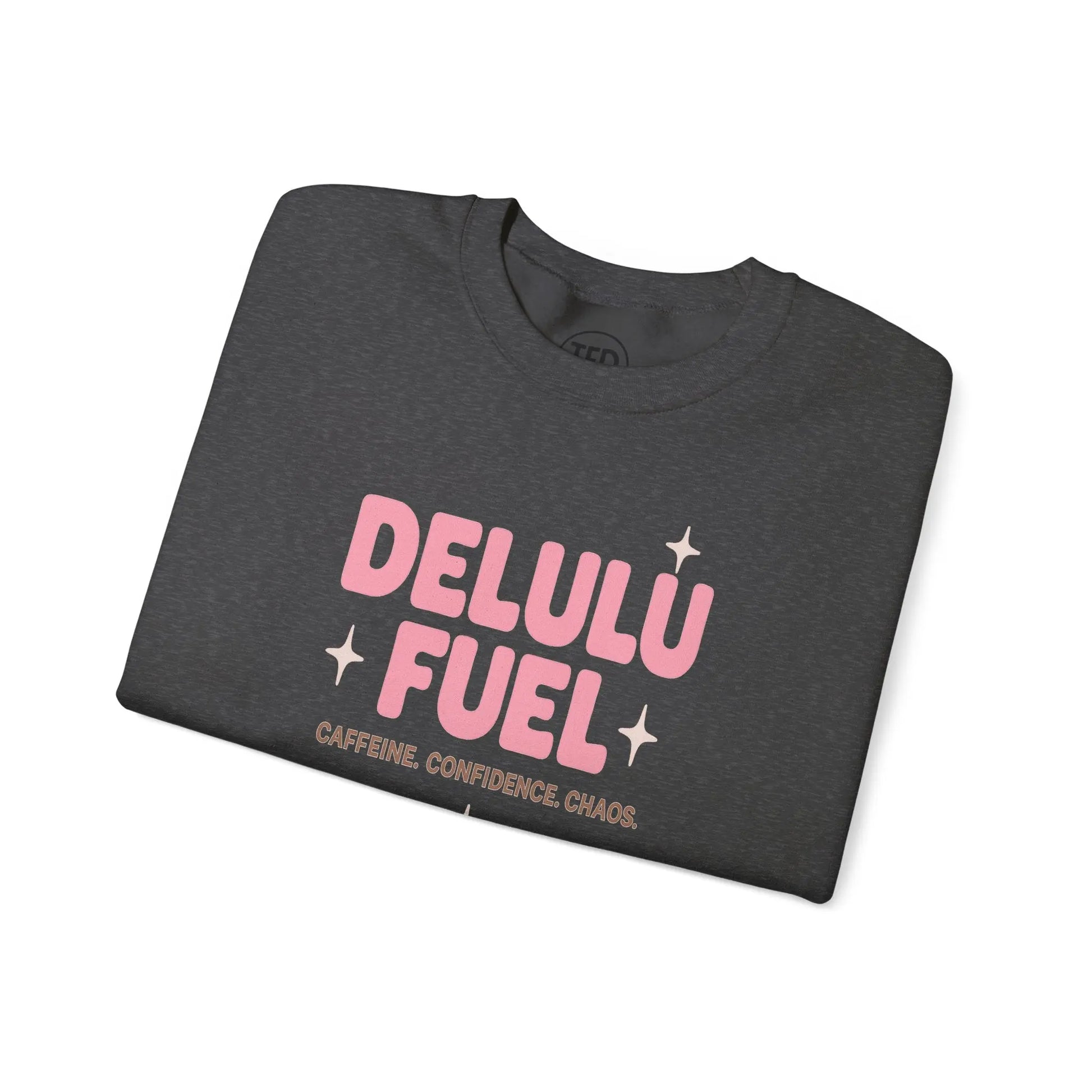 Delulu Fuel™ Crewneck Sweatshirt | Cozy Gift for Caffeine Lovers, Main Character Energy, Mental Health Merch Printify