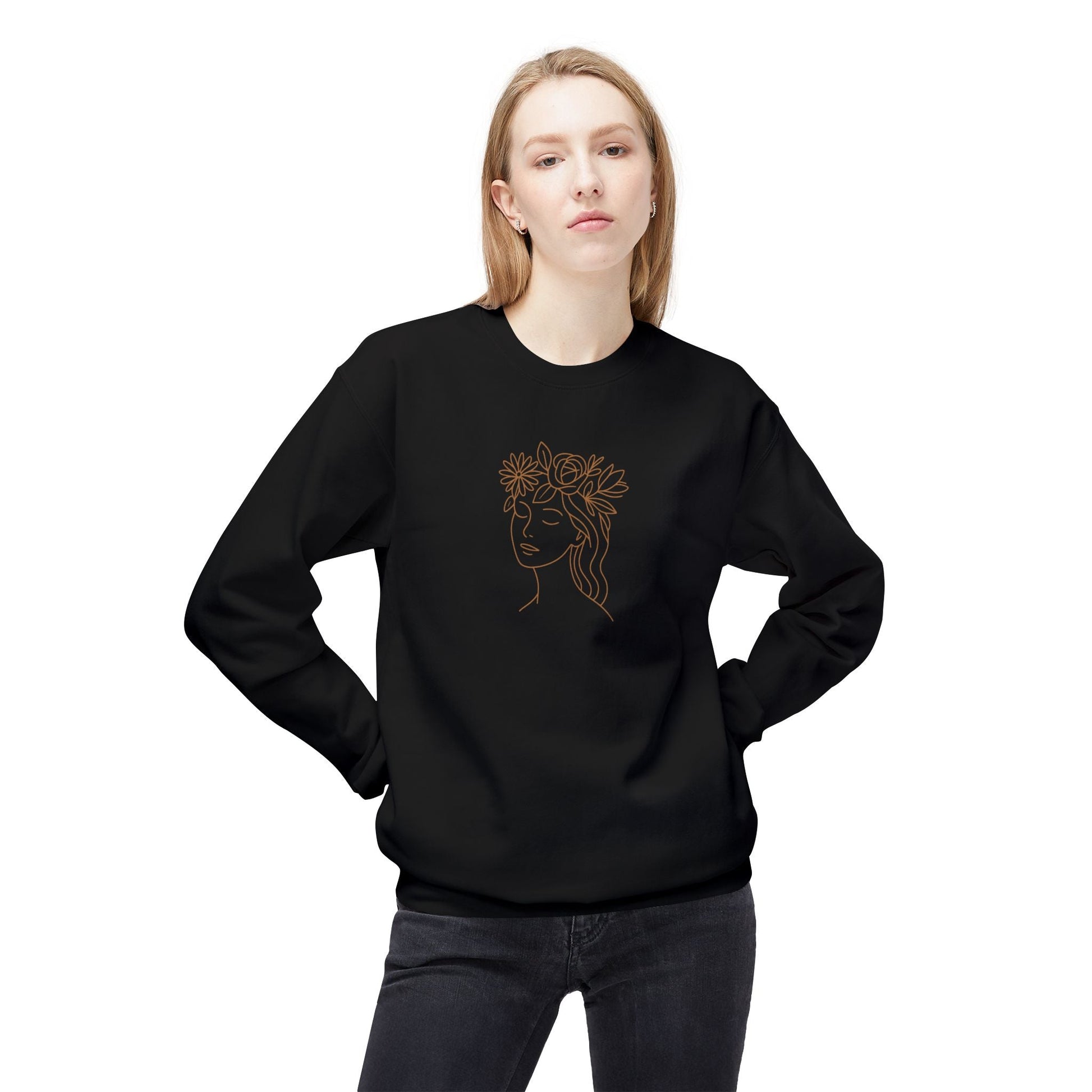 Floral Face Line Art Crewneck Sweatshirt – Minimalist Botanical Design Printify