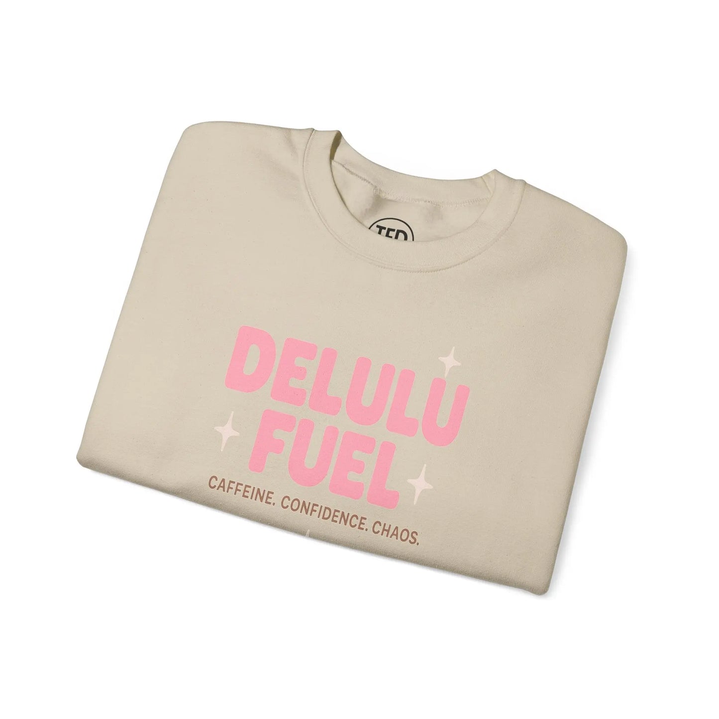 Delulu Fuel™ Crewneck Sweatshirt | Cozy Gift for Caffeine Lovers, Main Character Energy, Mental Health Merch Printify